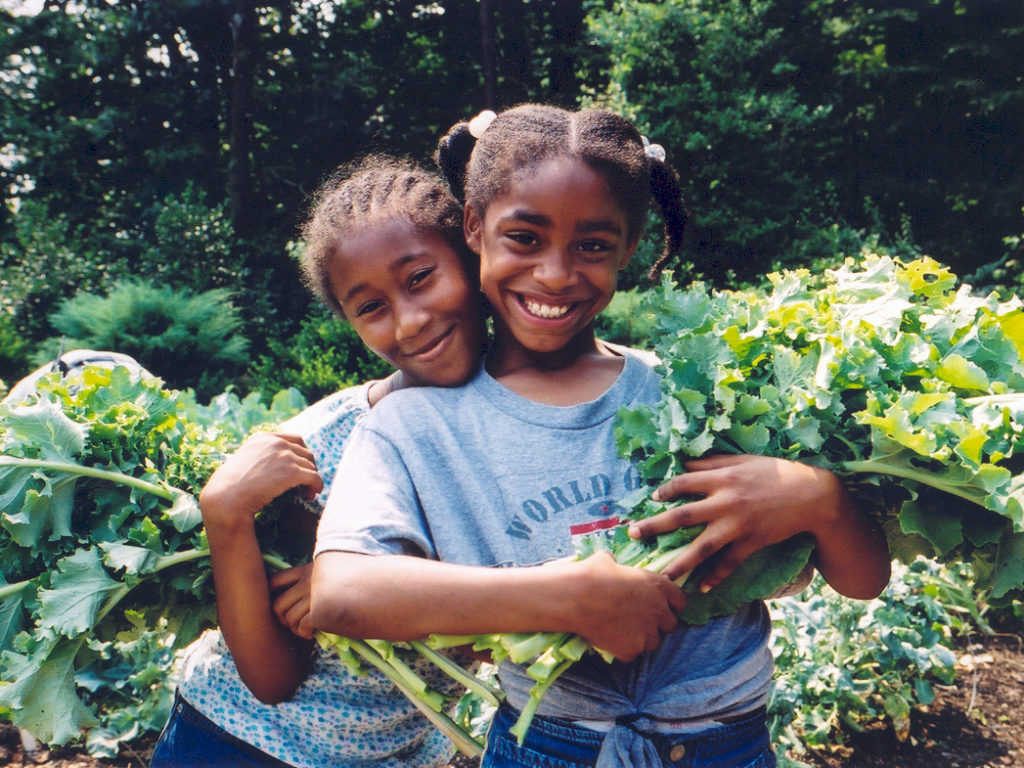historic photo of students holding bunches of kale in the washington youth garden