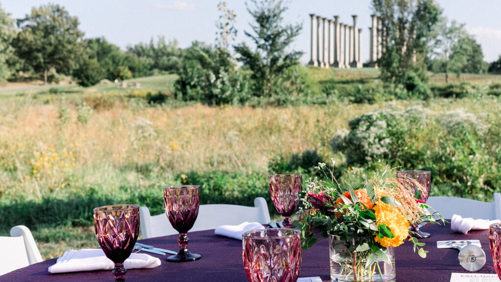 tables set up for dinner under the stars, with capitol columns in the background