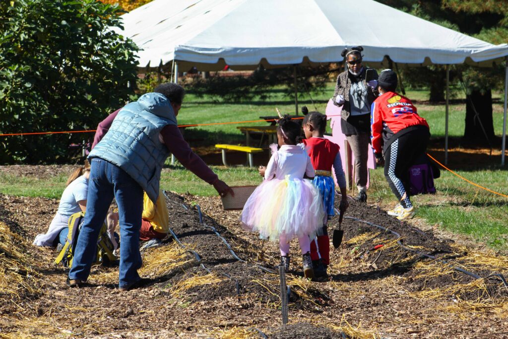 two children in halloween costumes plant garlic at the annual garlic planting party