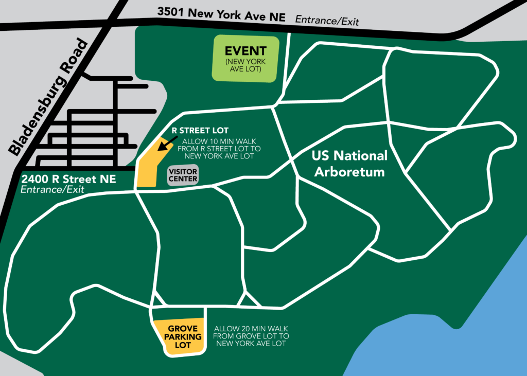 event map of the location of the winter festival and tree sale, with parking lots highlighted