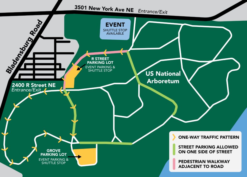 illustrated map of the national arboretum with details for the 2024 garden fair and plant sale and the spring traffic plan