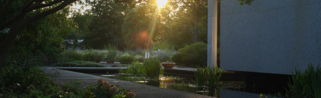 sunset over the arboretum's water garden surrounding the visitor center, formatted as a newsletter banner